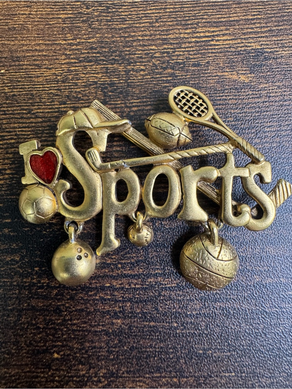 DANECRAFT Gold Sports Themed Brooch with Red Heart Accent - Vintage